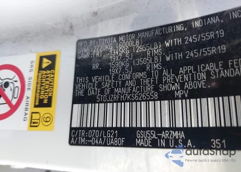 2019 Toyota Highlander Se z USA, uszkodzony, nr VIN 5TDJZRFH7KS626558